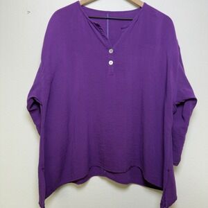 Fridaze Women 100% Linen Top Purple Henley Long Sleeve Button Lagenlook‎ Artsy